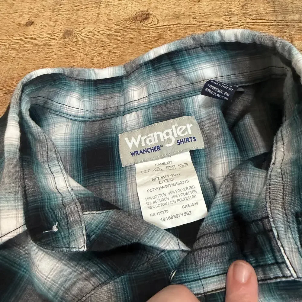 Wrangler Blue Gray Pearl Snap Western Cowboy Button Down Wrancher Shirt Sz L